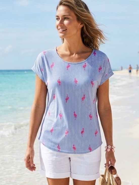 Tacera Tops - Tacera Striped Flamingo Print High-Low Top